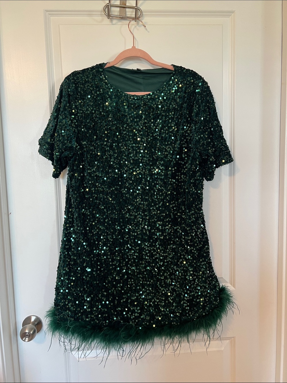 Fashion Nova Emerald Green Sequin Mini Dress with Feather Hem